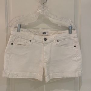Paige, mid-rise, white denim shorts